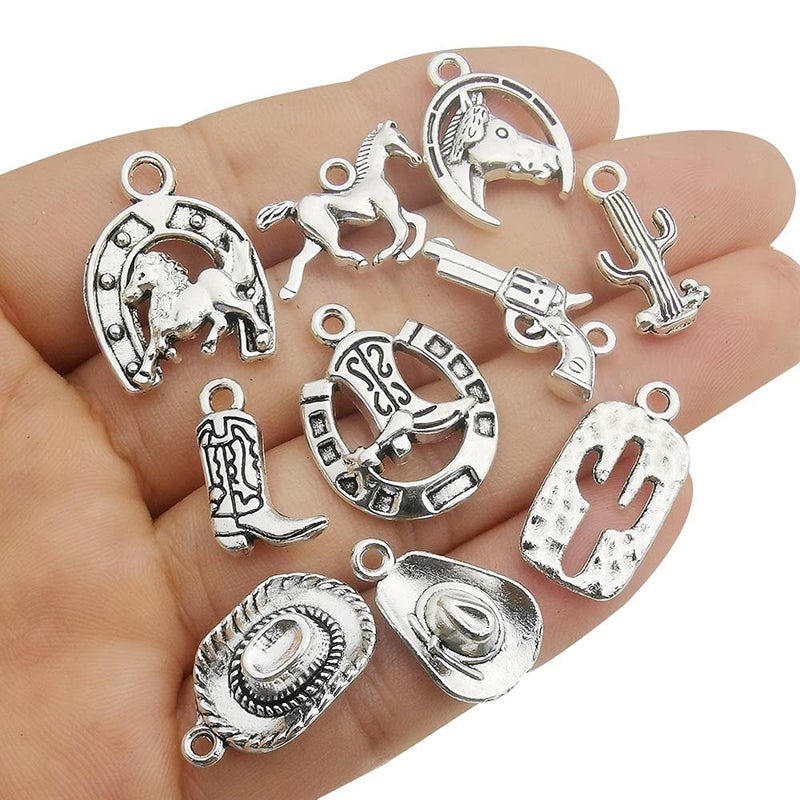 Youdiyla 60Pcs Antique Silver Western Cowboy Charms Pendants Horse Hat Cactus Cowboy Boot Charms For Bracelet Earrings Necklace Jewelry Making (10 Style  6 Of Each) Hm672 - Image 3