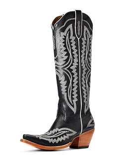 Loquat Cowboy Boots For Women Western Embroidered Cowgirl Boots Chunky Heel Wide Tube Boots Pull on Pointy Toe Vintage Boots Black/White 