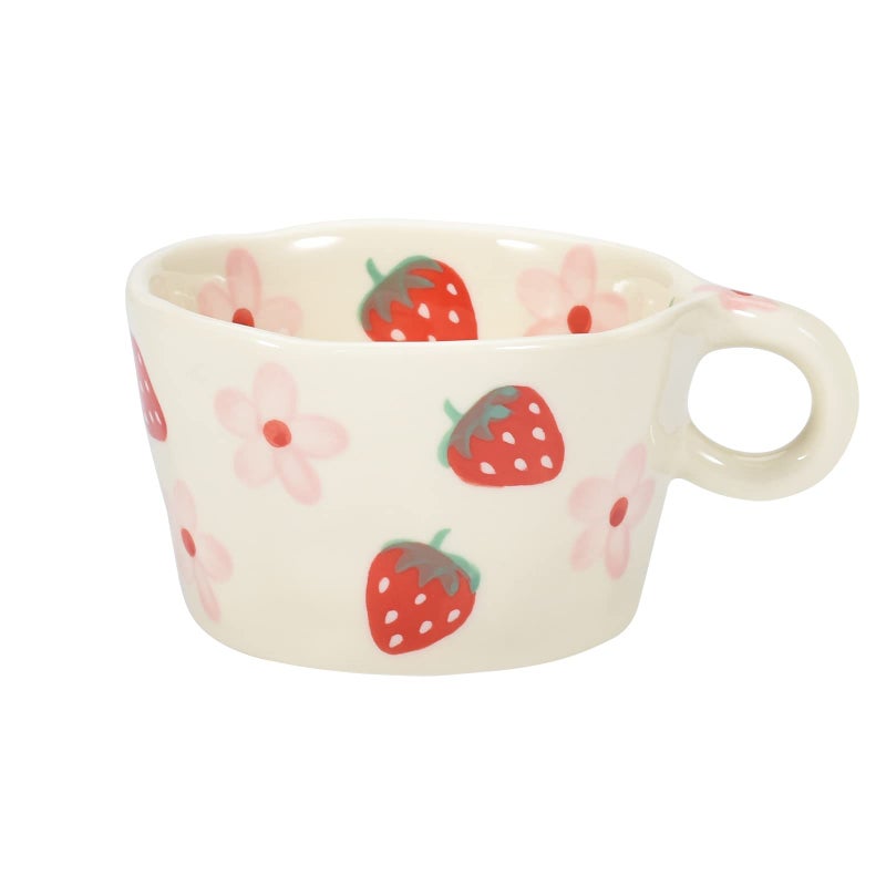 Koythin Ceramic Coffee Mug Cute Creative Hand Printed Mug Design for Office and Home 65 oz200 ml for Latte Tea Milk Strawberries and Flowers