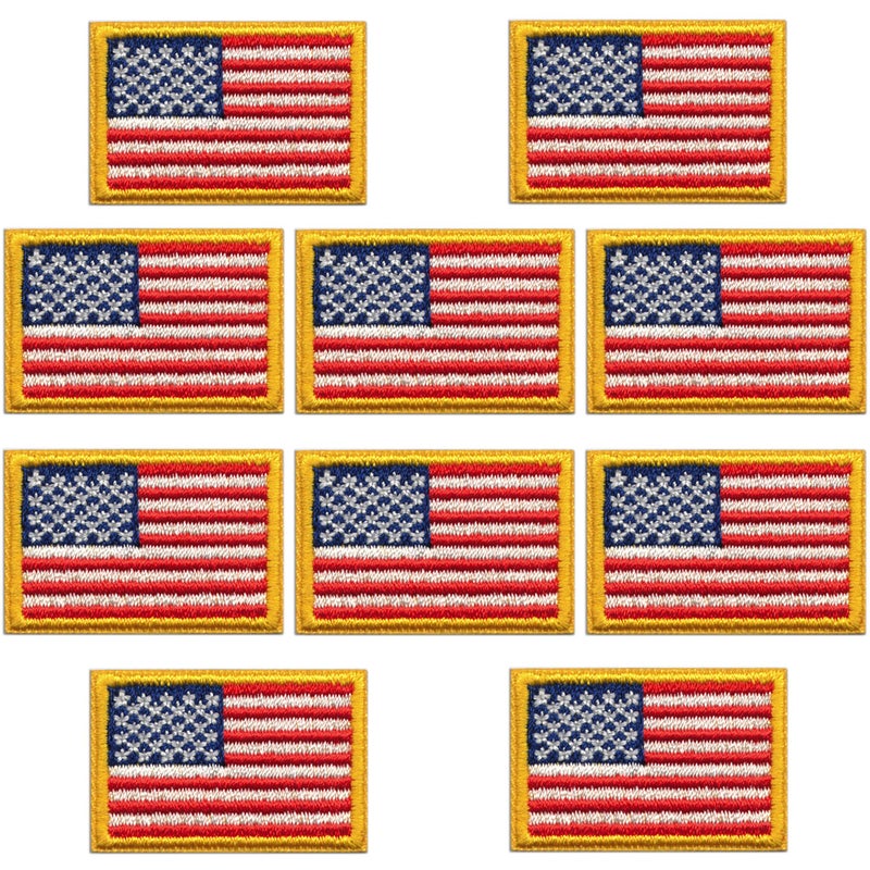 Laughing Lizards Small American Flag Patches with Gold Border 10Pack Patriotic USA Embroidered Flag Patch Iron On Glue On or Sew On to Uniforms Hats Backpacks Jackets Pants  Accessories
