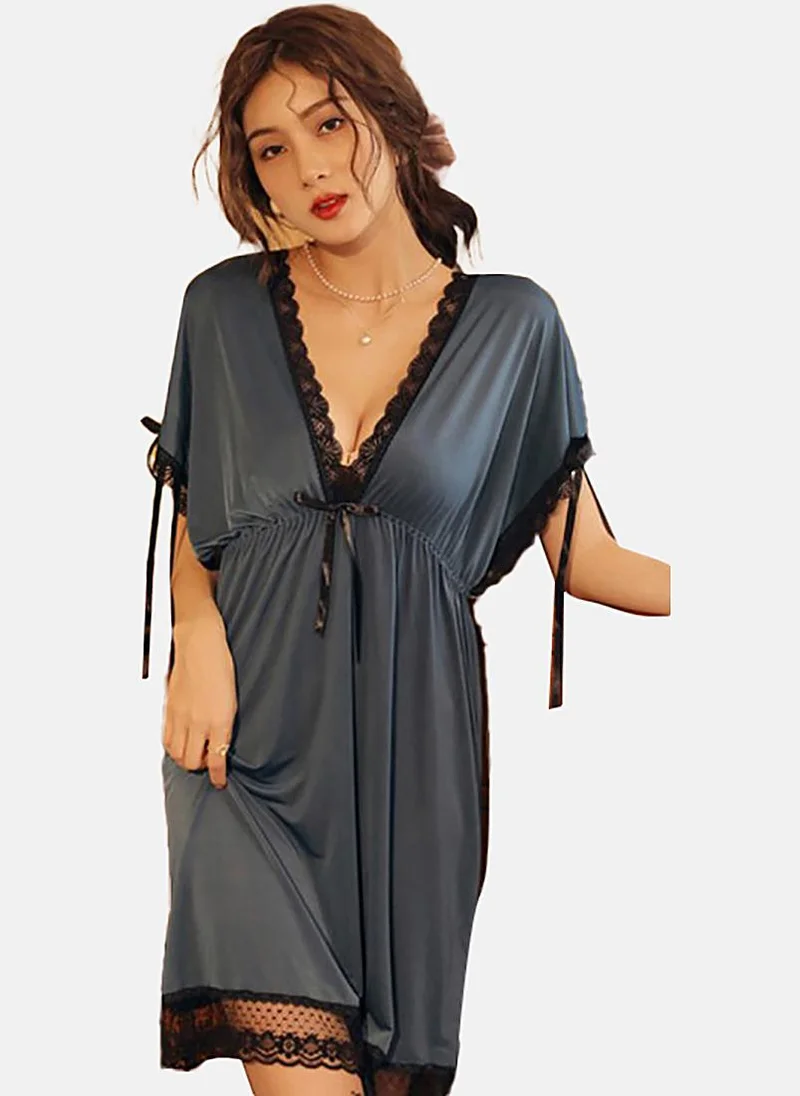 يونيكي Grey Solid Short Sleeve Babydoll With Brifes