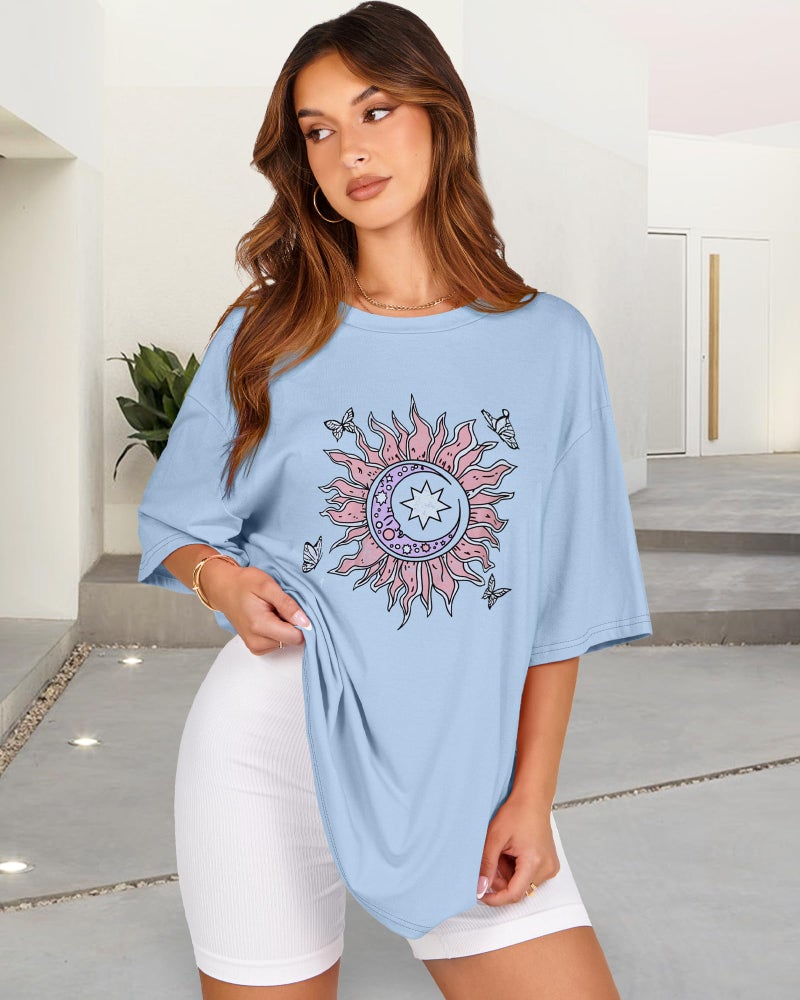 rosemia Womens Oversized Tshirt Graphic Tees Crew Neck Summer Short Sleeve Loose Fit Tops (Blue Sun Moon Butterfly, 3XL) - Image 5