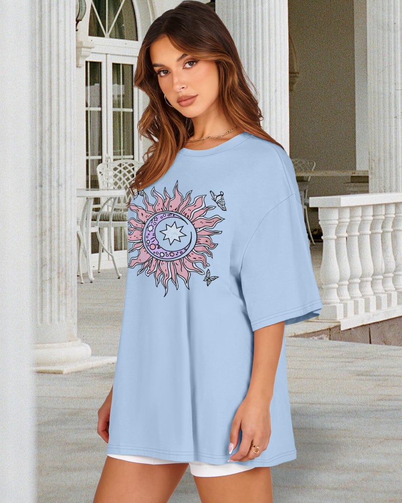 rosemia Womens Oversized Tshirt Graphic Tees Crew Neck Summer Short Sleeve Loose Fit Tops (Blue Sun Moon Butterfly, 3XL) - Image 4