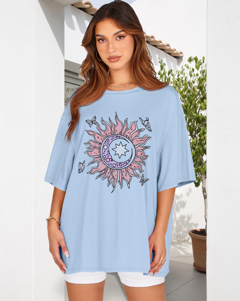 rosemia Womens Oversized Tshirt Graphic Tees Crew Neck Summer Short Sleeve Loose Fit Tops (Blue Sun Moon Butterfly, 3XL) - Image 3