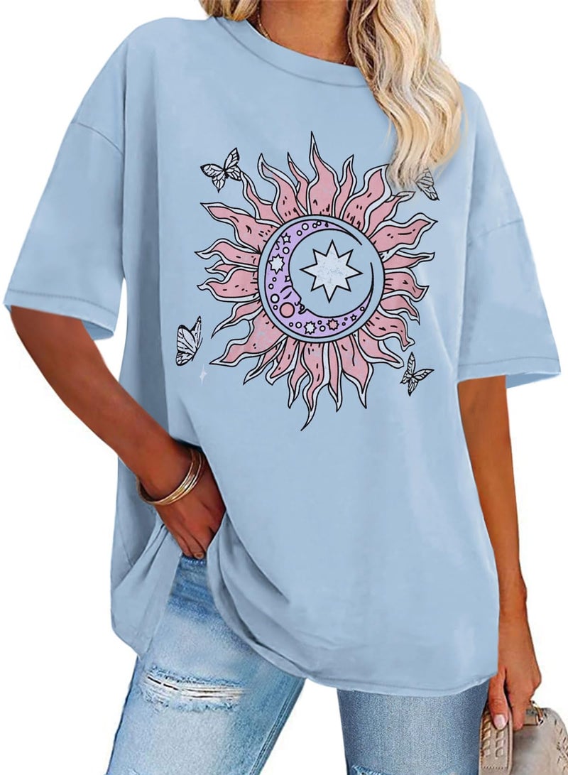 rosemia Womens Oversized Tshirt Graphic Tees Crew Neck Summer Short Sleeve Loose Fit Tops (Blue Sun Moon Butterfly, 3XL) - Image 1
