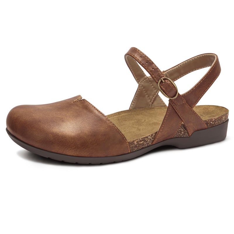 PARTY Closed Toe Sandals Women, Barefoot Arch Support Flat Sandals for Office Work and Travel with Comfortable Cork Footbed,BROWN,8 - Image 1