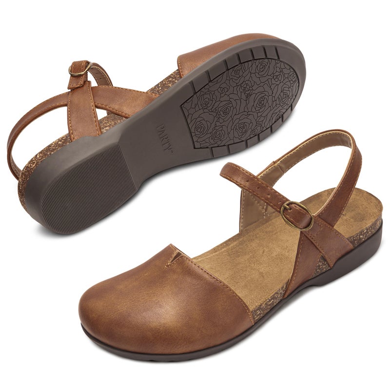 PARTY Closed Toe Sandals Women, Barefoot Arch Support Flat Sandals for Office Work and Travel with Comfortable Cork Footbed,BROWN,8 - Image 5