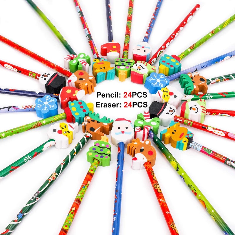 Konsait 2 Dozen 24 Christmas Pencils Assortment With Giant Eraser Topper Decorated With Santa Christmas Tree For Christmas School Party Favor Supplies Accessories Goodie Bag Stocking Filler - Image 2