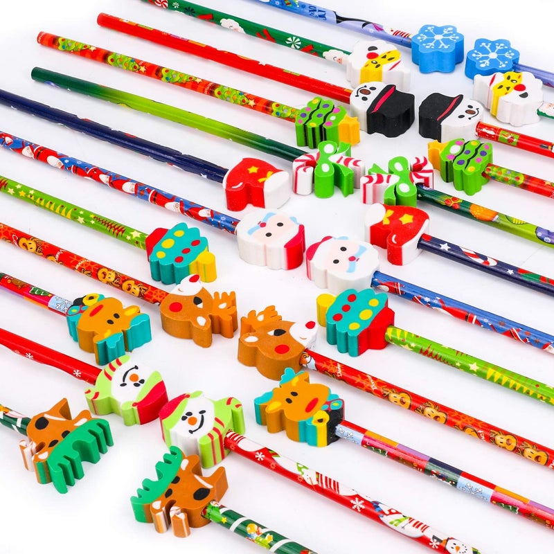 Konsait 2 Dozen 24 Christmas Pencils Assortment With Giant Eraser Topper Decorated With Santa Christmas Tree For Christmas School Party Favor Supplies Accessories Goodie Bag Stocking Filler - Image 3