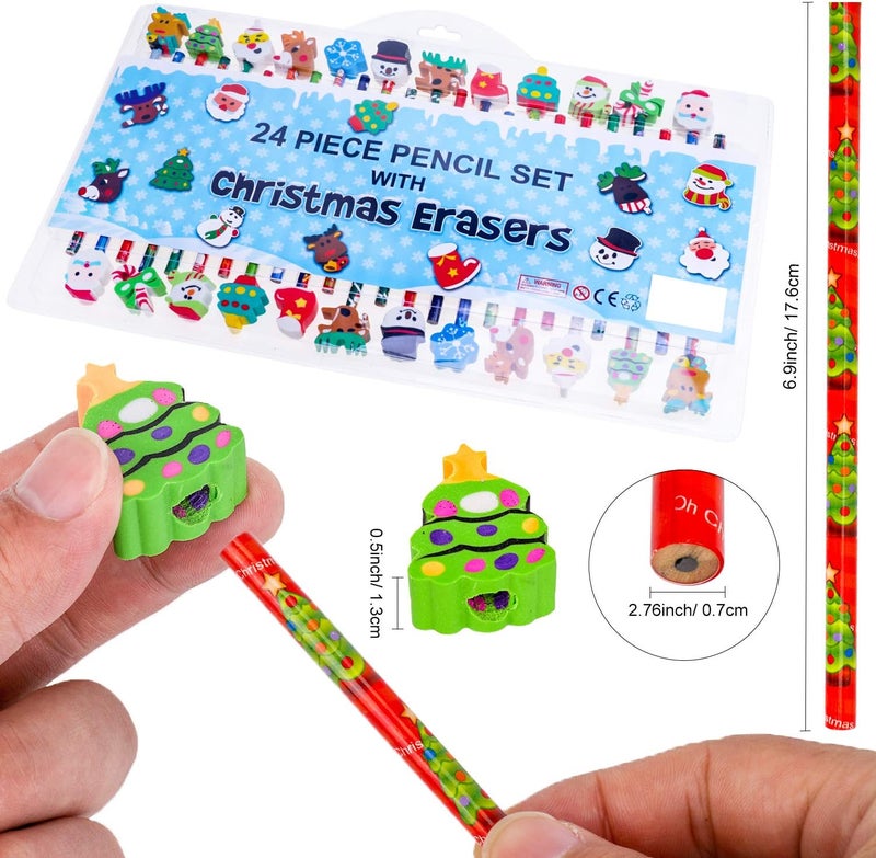 Konsait 2 Dozen 24 Christmas Pencils Assortment With Giant Eraser Topper Decorated With Santa Christmas Tree For Christmas School Party Favor Supplies Accessories Goodie Bag Stocking Filler - Image 5