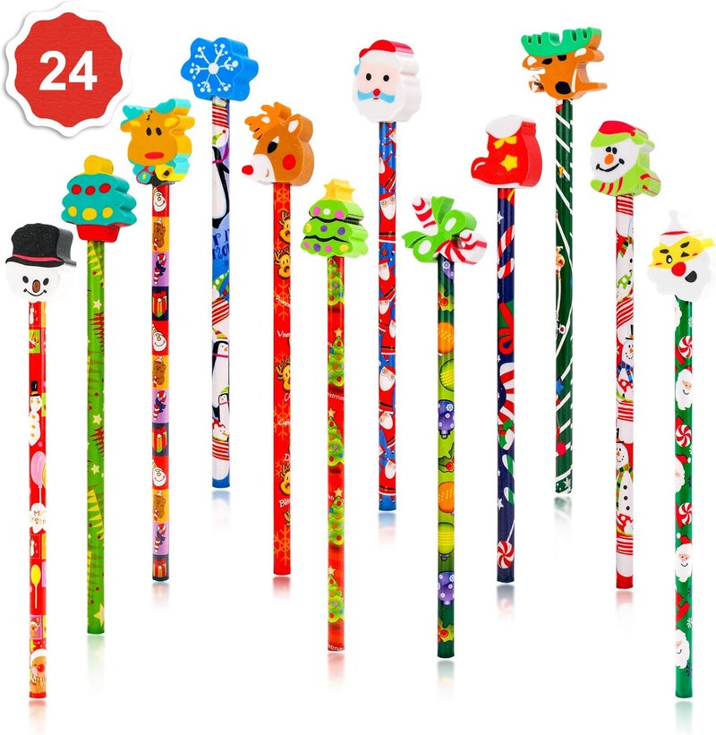 Konsait 2 Dozen 24 Christmas Pencils Assortment With Giant Eraser Topper Decorated With Santa Christmas Tree For Christmas School Party Favor Supplies Accessories Goodie Bag Stocking Filler - Image 1