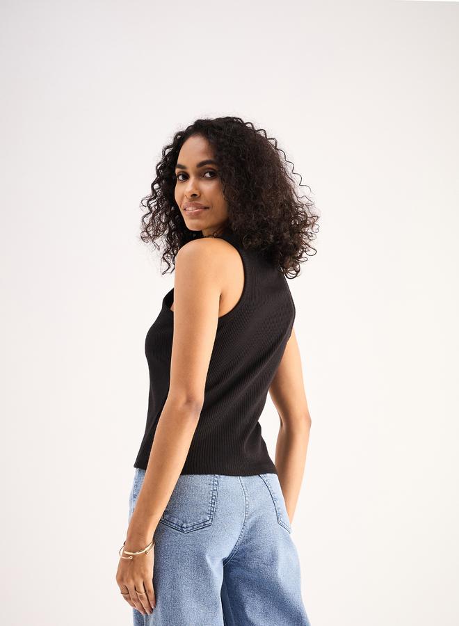 Sassafras Women Black Ribbed Sleeveless Round Neck Top - Image 5