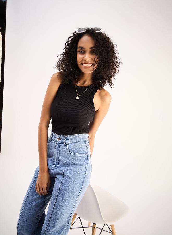 Sassafras Women Black Ribbed Sleeveless Round Neck Top - Image 2