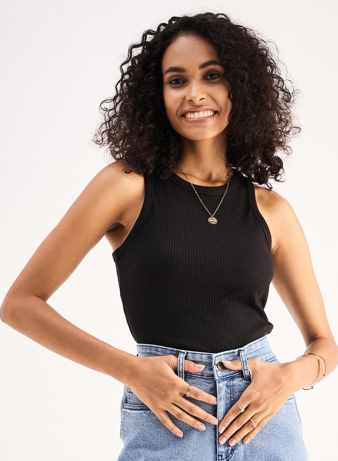 Sassafras Women Black Ribbed Sleeveless Round Neck Top - Image 4