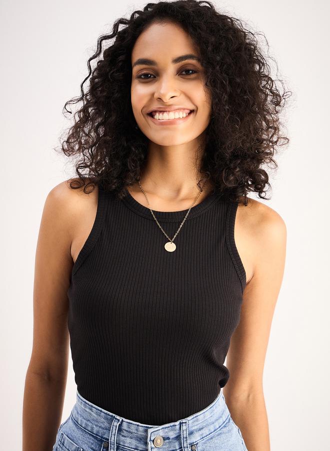 Sassafras Women Black Ribbed Sleeveless Round Neck Top - Image 1