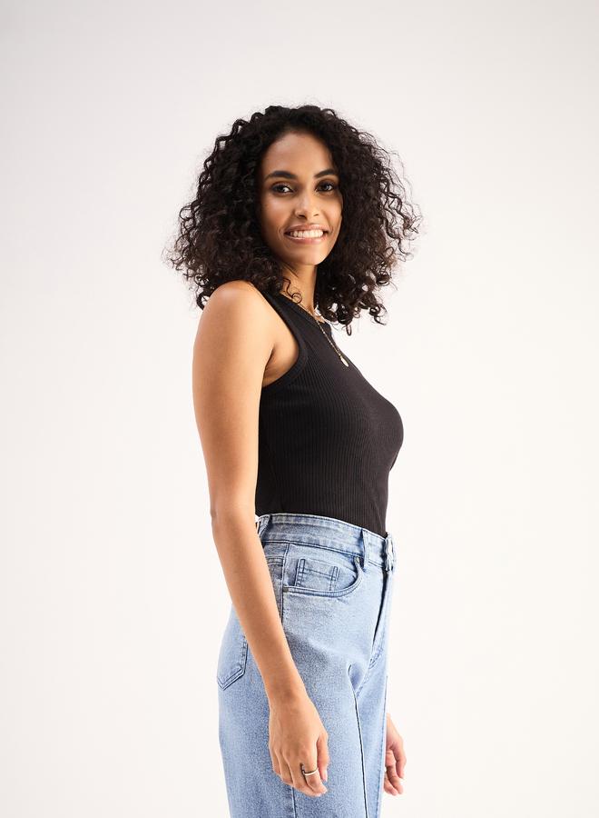 Sassafras Women Black Ribbed Sleeveless Round Neck Top - Image 3