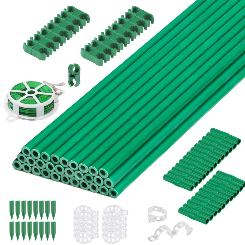 Cludoo 94PCS Garden Stakes Set with 30 Sets Fiberglass Plant Stakes Sticks Supports and Accessories, DIY 4ft 5ft 6ft 7ft Tomato Stakes for Tomato,Vegetables, Pepper, Indoor Outdoor Spring Plants - Image 1