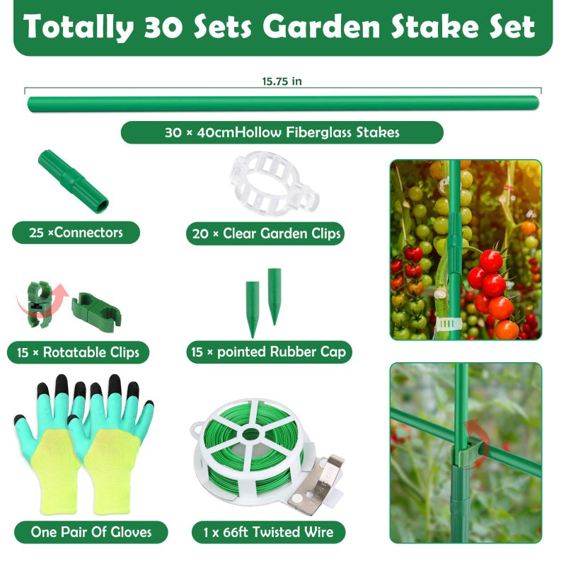Cludoo 94PCS Garden Stakes Set with 30 Sets Fiberglass Plant Stakes Sticks Supports and Accessories, DIY 4ft 5ft 6ft 7ft Tomato Stakes for Tomato,Vegetables, Pepper, Indoor Outdoor Spring Plants - Image 2