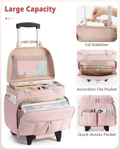 Marscamd Rolling Teacher Bag with Accordion File Organizer & 15.6" Laptop Compartment, Wheeled Work Briefcase Tote with Detachable Trolley & Crossbody Strap for Women, Pink - Image 3