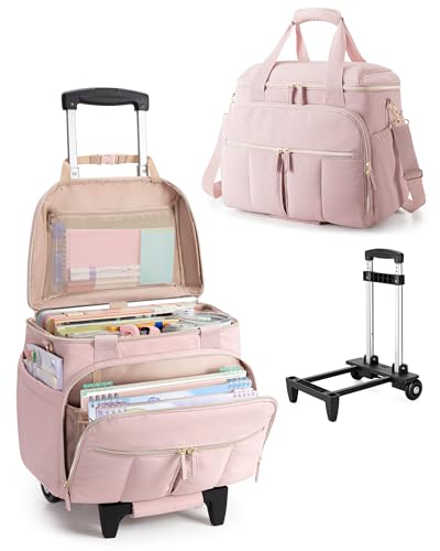 Marscamd Rolling Teacher Bag with Accordion File Organizer & 15.6" Laptop Compartment, Wheeled Work Briefcase Tote with Detachable Trolley & Crossbody Strap for Women, Pink - Image 1