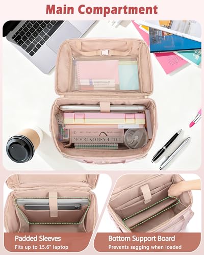 Marscamd Rolling Teacher Bag with Accordion File Organizer & 15.6" Laptop Compartment, Wheeled Work Briefcase Tote with Detachable Trolley & Crossbody Strap for Women, Pink - Image 2