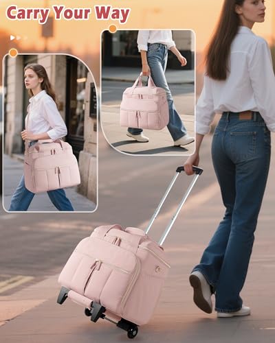 Marscamd Rolling Teacher Bag with Accordion File Organizer & 15.6" Laptop Compartment, Wheeled Work Briefcase Tote with Detachable Trolley & Crossbody Strap for Women, Pink - Image 4