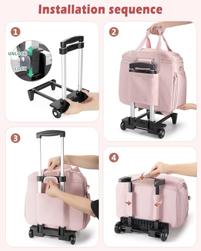 Marscamd Rolling Teacher Bag with Accordion File Organizer & 15.6" Laptop Compartment, Wheeled Work Briefcase Tote with Detachable Trolley & Crossbody Strap for Women, Pink - Image 5
