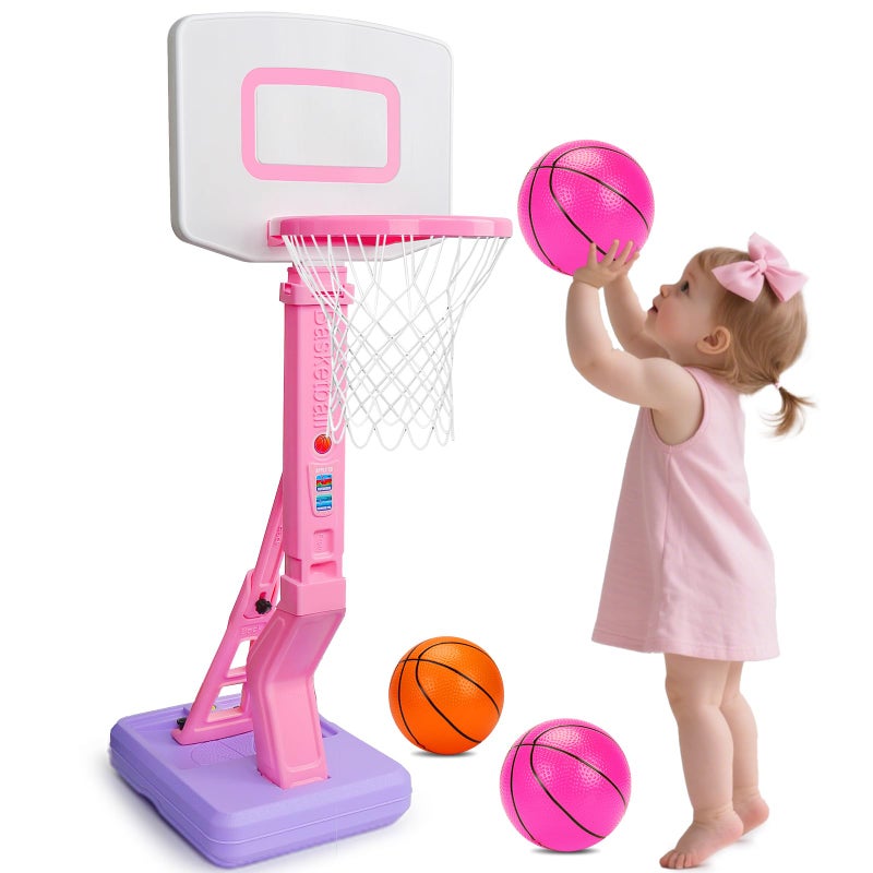 Qirptey Toddler Girl Basketball Hoop Indoor Pink Adjustable Mini Basketball Goal with Ball Pump for Outdoor Poolside Toys Backyard Game Outside Basketball Toy for Kids Age 35 6 7 48 Birthday Gift - Image 2