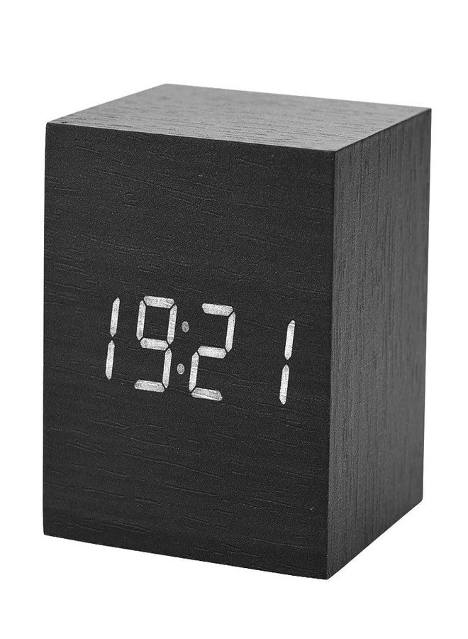Walfront Digital Alarm Clock Wooden Alarm Clock LED Clock Light Multifunctional Modern Cube Displays Time Temperature for Home Office Travel(Black) - Image 2