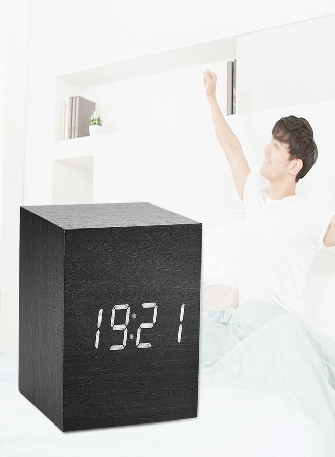 Walfront Digital Alarm Clock Wooden Alarm Clock LED Clock Light Multifunctional Modern Cube Displays Time Temperature for Home Office Travel(Black) - Image 5