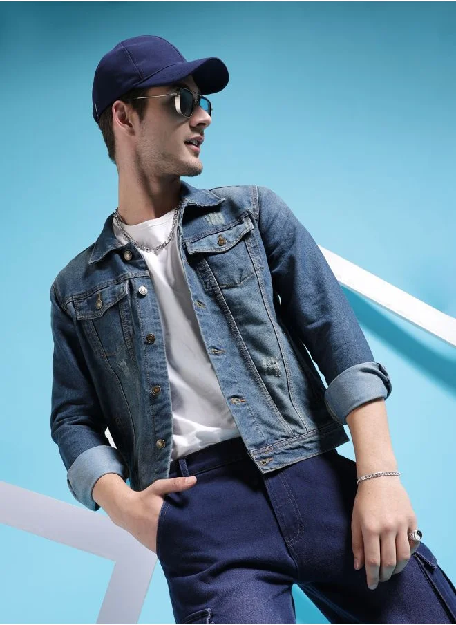 شركة المرآب الهندية Men Slim Fit Solid Denim Trucker Jackets