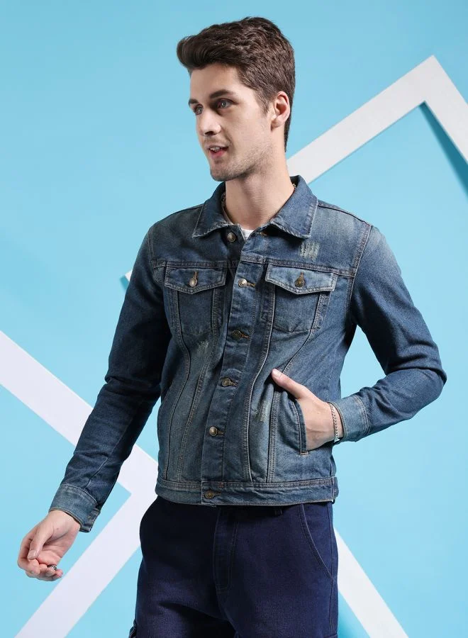 The Indian Garage Co Men Slim Fit Solid Denim Trucker Jackets