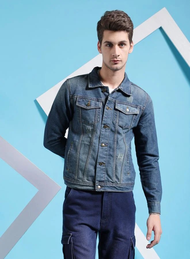 The Indian Garage Co Men Slim Fit Solid Denim Trucker Jackets