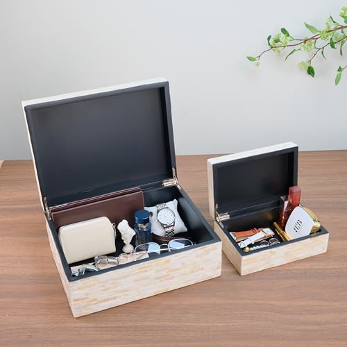 PEMAR Set of 2 Mother of Pearl Decorative Boxes w Lids, Handmade Mosaic Keepsake Jewelry Box Rectangular Treasure Chest, Shelf Decorative Wooden Box for Memory Tea Bags Coffee Accessories (White) - Image 4