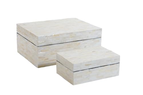 PEMAR Set of 2 Mother of Pearl Decorative Boxes w Lids, Handmade Mosaic Keepsake Jewelry Box Rectangular Treasure Chest, Shelf Decorative Wooden Box for Memory Tea Bags Coffee Accessories (White) - Image 1