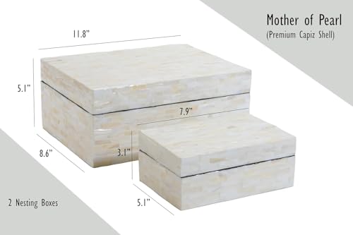 PEMAR Set of 2 Mother of Pearl Decorative Boxes w Lids, Handmade Mosaic Keepsake Jewelry Box Rectangular Treasure Chest, Shelf Decorative Wooden Box for Memory Tea Bags Coffee Accessories (White) - Image 5