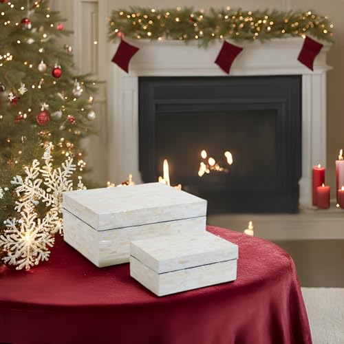 PEMAR Set of 2 Mother of Pearl Decorative Boxes w Lids, Handmade Mosaic Keepsake Jewelry Box Rectangular Treasure Chest, Shelf Decorative Wooden Box for Memory Tea Bags Coffee Accessories (White) - Image 2