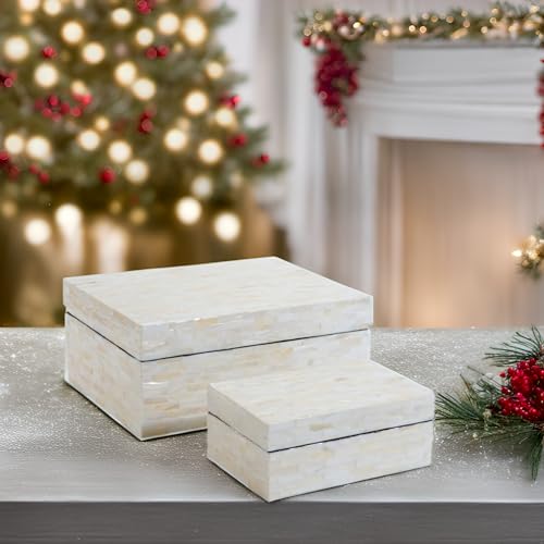 PEMAR Set of 2 Mother of Pearl Decorative Boxes w Lids, Handmade Mosaic Keepsake Jewelry Box Rectangular Treasure Chest, Shelf Decorative Wooden Box for Memory Tea Bags Coffee Accessories (White) - Image 3