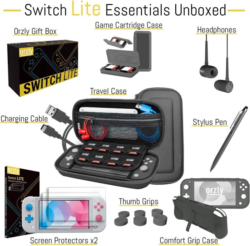 Orzly Switch Lite Accessories Bundle - Case & Screen Protector for Nintendo Switch Lite Console, USB Cable, Games Holder, Comfort Grip Case, Headphones, Thumb-Grip Pack & more ( Gift Pack - Grey) - Image 3