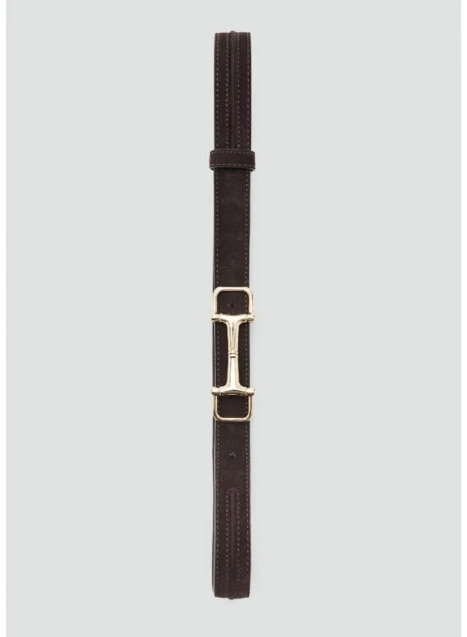 Mango 32-CHOCOLATE Leather belt with equestrian metal detail for Women | Best Price UAE