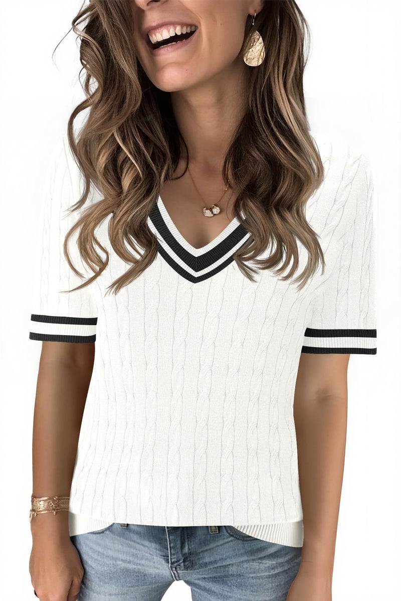 Kistore Womens Summer Short Sleeve Knit Sweaters V Neck Cable Knit Color Block Tops Tshirts Blouses White Black M - Image 1