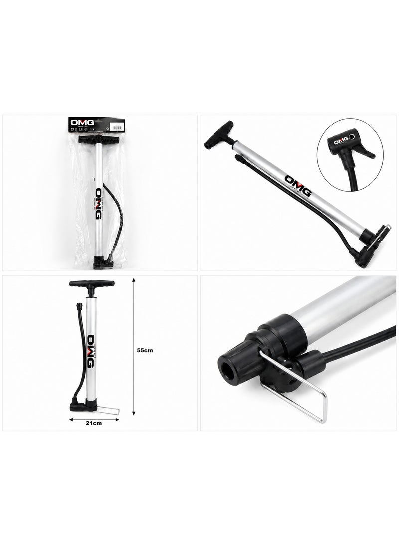 OMG Cycle Air Pump 55cm Dual Head High Pressure Floor Pump for Bicycle Tires & Sports Balls, Portable Metal Hand Pump, Assorted Color - Image 2