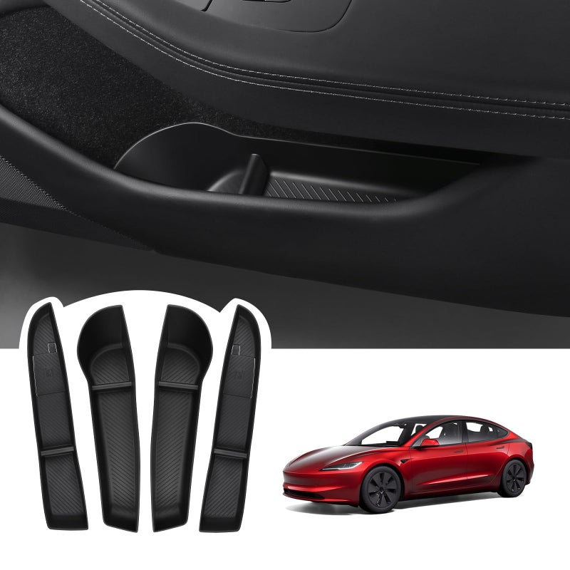 BASENOR 2025 2024 Tesla Model 3 Door Side Storage Box Door Pocket Liners TPE Front Rear Side Organizer Tray Protector Liner for Model 3 Highland Refresh Accessories Set of 4