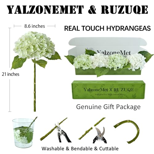 YalzoneMet Artificial Hydrangea Flowers 4 Pcs 2 White 2 Light Green 21 inch Long Rod Real Touch Lifelike Fake Latex Hydrangea Flowers for Home Party Outdoor Wedding Gifts Christmas Table Decoration - Image 2