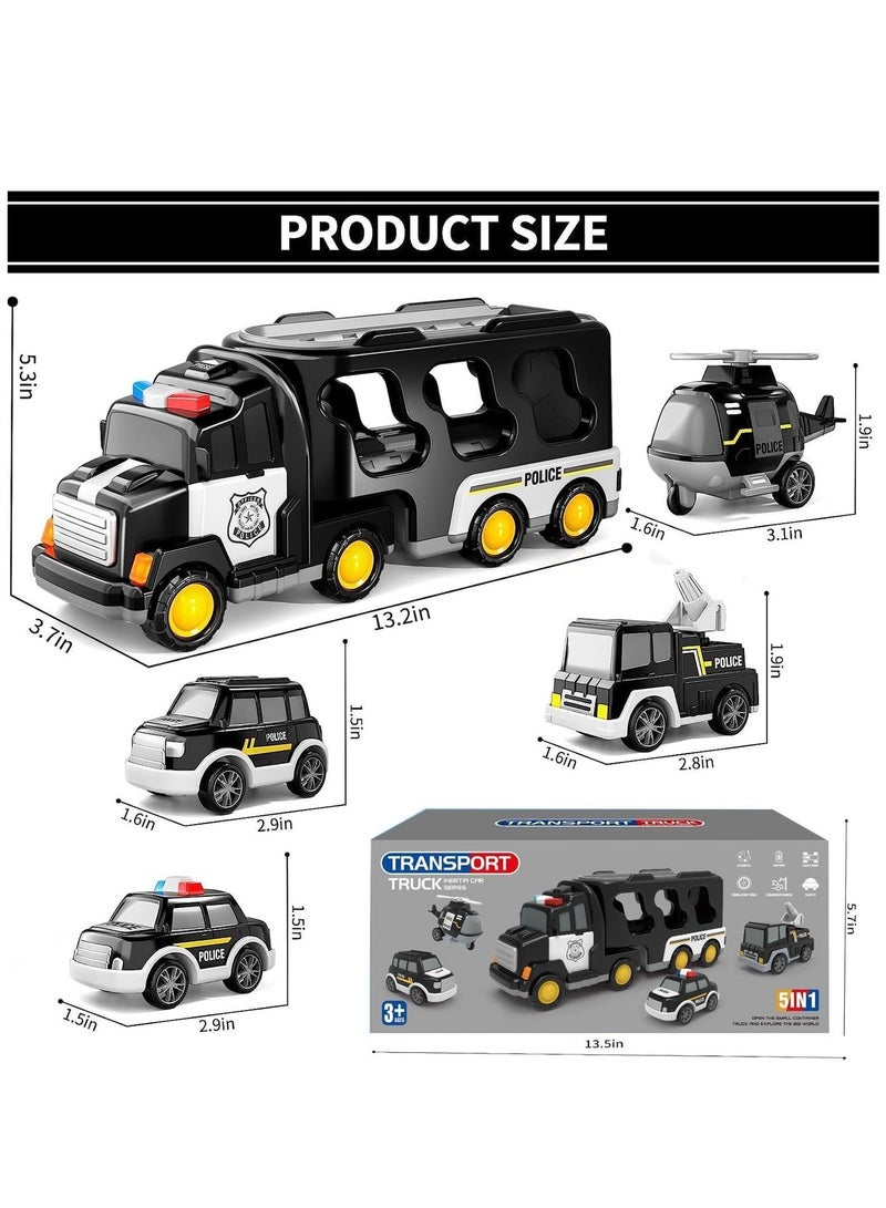 Police Truck Toys Toddlers 3 4 5 6 Years Old 5 in 1 Truck Friction Power Toy Car with Light and Sound Transport Vehicle Carrier Truck Car Toys Set for Boys and Girls 3 to 5 Years Old - Image 1