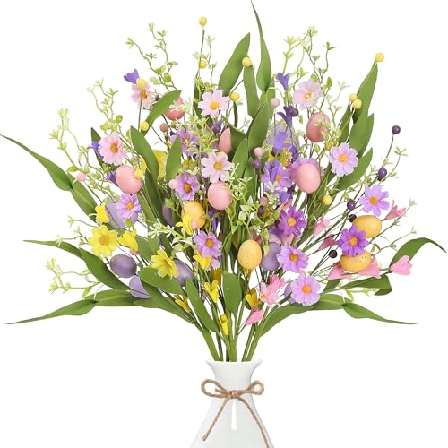 Sggvecsy Artificial Easter Stems 6 Pcs Spring Egg Picks with Colorful Daisies Berries Greenery Leaves Twig Branches for Easter Arrangement Centerpiece Easter Celebration Home Vase Decor - Image 1