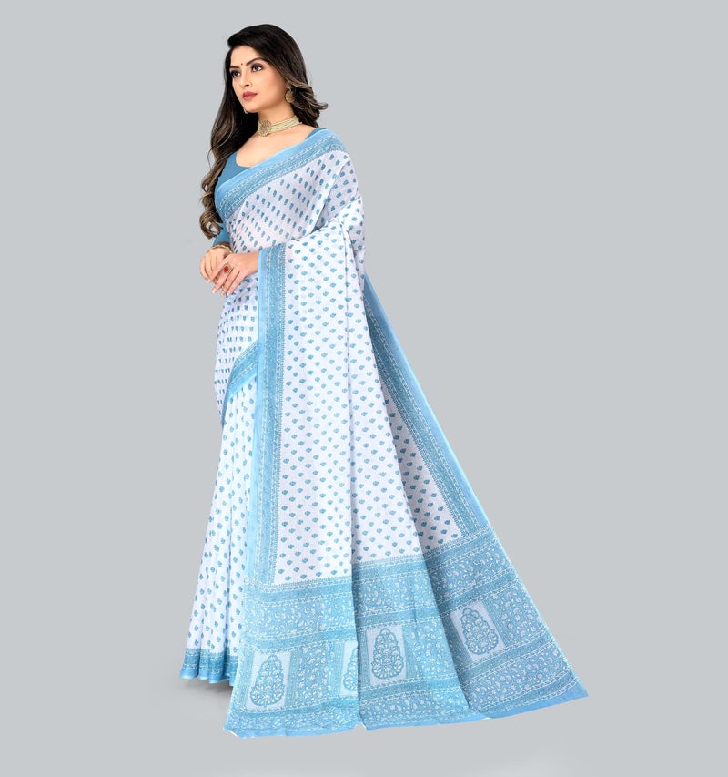 Ratan Women's Plain Cotton Saree Without Blouse Piece (Amri-102-Blue_White Blue) - Image 2