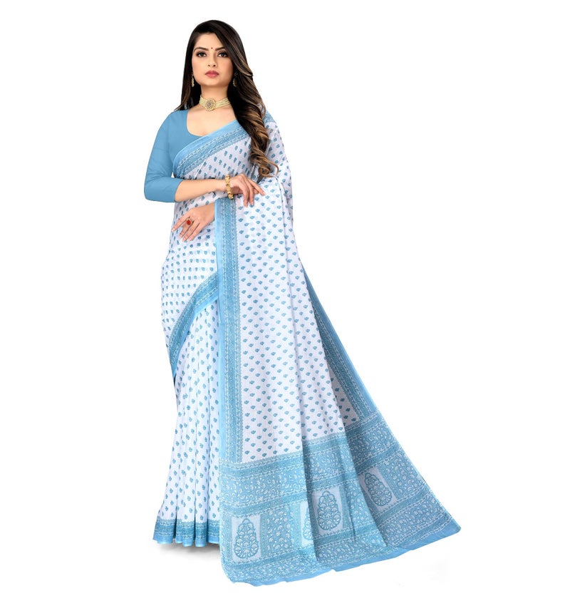 Ratan Women's Plain Cotton Saree Without Blouse Piece (Amri-102-Blue_White Blue) - Image 1