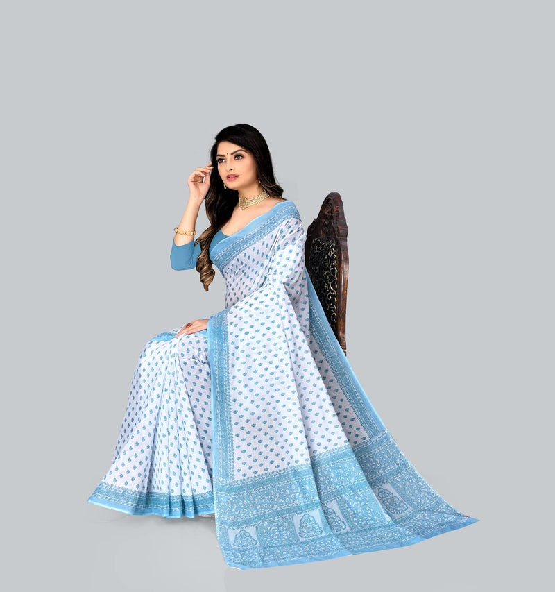 Ratan Women's Plain Cotton Saree Without Blouse Piece (Amri-102-Blue_White Blue) - Image 5