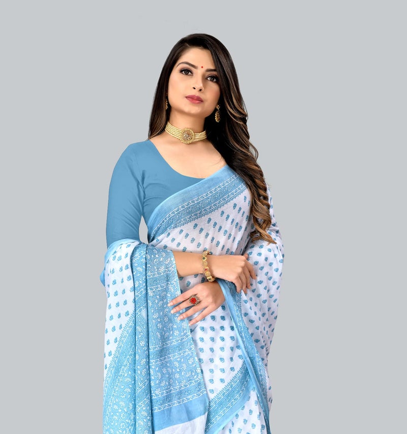 Ratan Women's Plain Cotton Saree Without Blouse Piece (Amri-102-Blue_White Blue) - Image 4
